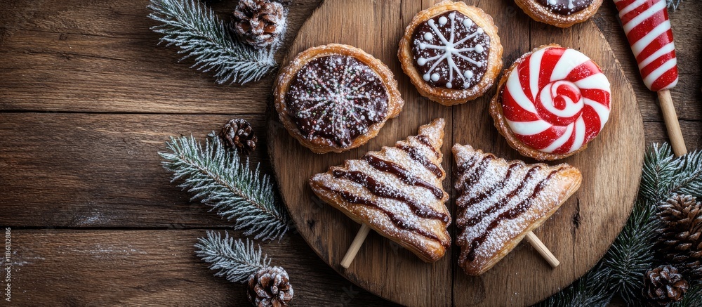 Aufkleber christmas tree shaped puff pastry cakes filled with chocolate dusted with powdered sugar and adorned