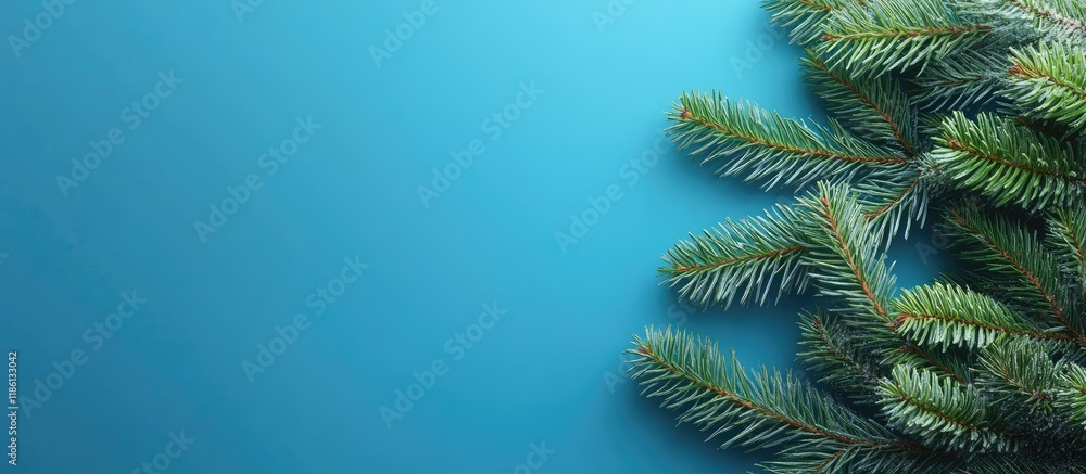 Poster Winter theme A green pine branch is set against a blue background Happy New Year. with copy space image. Place for adding text or design