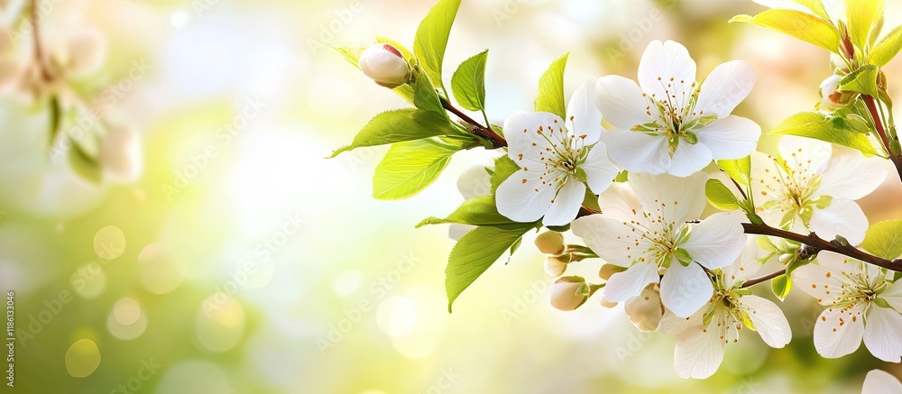 Poster blooms on a tree branch in spring set against a blurred background with copyspace