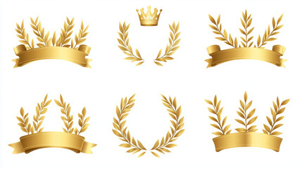 Golden Laurel wreath icon set. Award ceremony symbols, victory concept icons