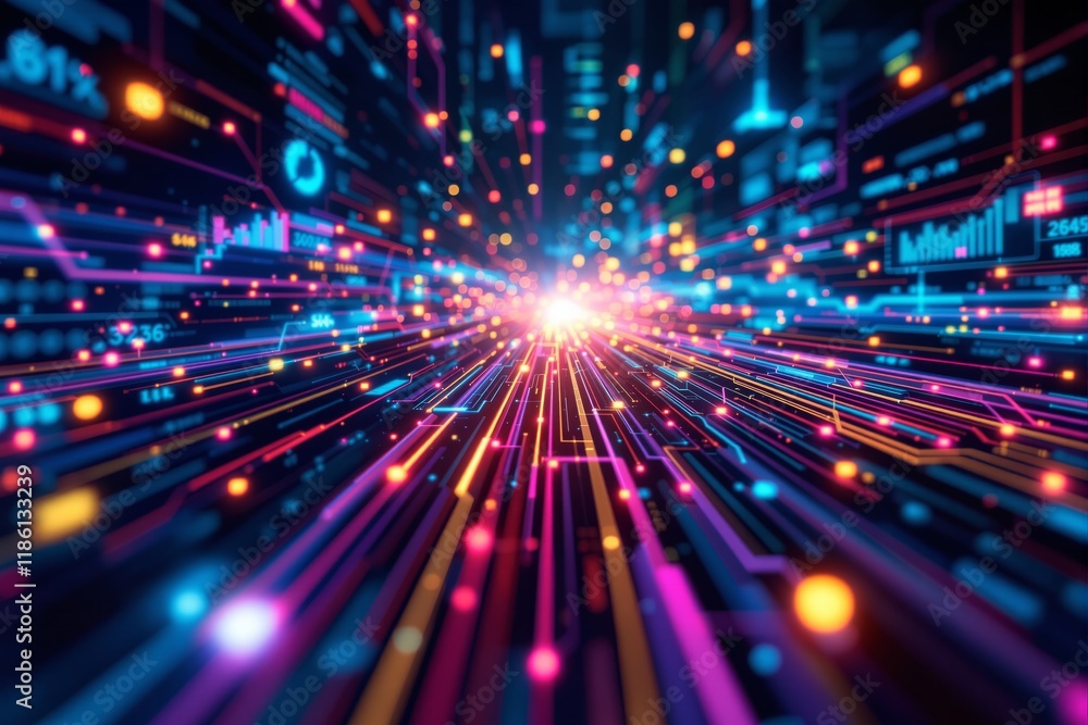 Poster abstract depiction of neon lines with glowing data points, bright light at center, futuristic style,