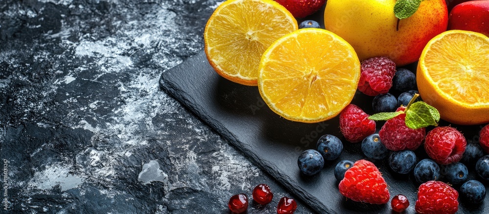 Poster fruits background in yellow and red hues dark stone slate plate with copy space flat lay top view su