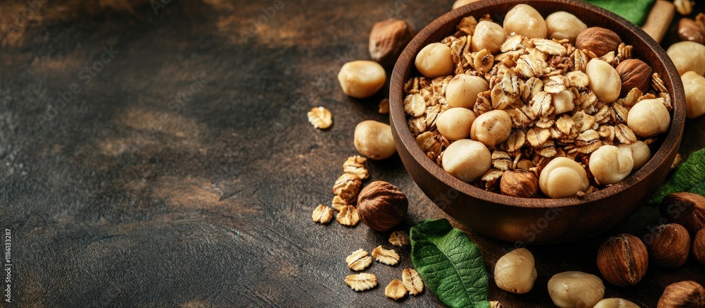 Poster macadamia nuts and granola. with copy space image. place for adding text or design