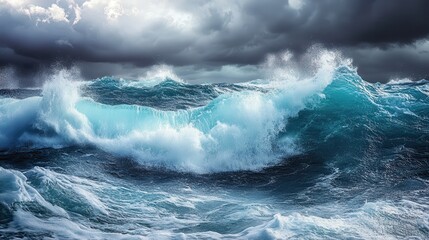 Obraz premium Majestic Ocean Waves Crashing Under a Stormy Sky