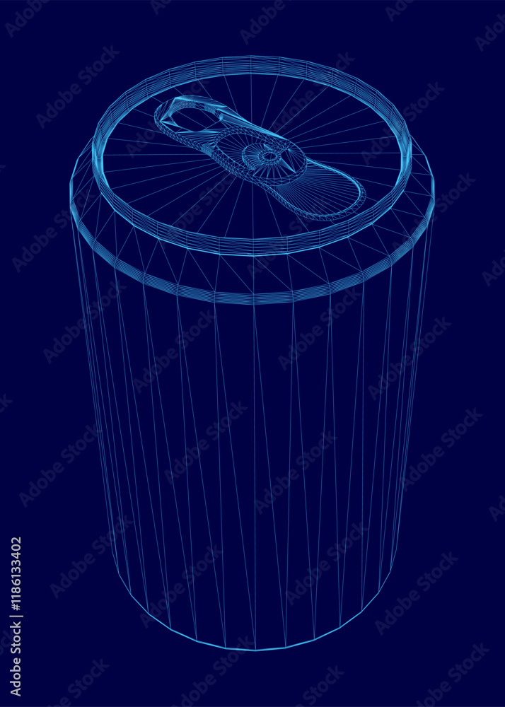 Poster can of soda is shown in a blue color. the can is empty and has a silver lid. the image is a 3d of th