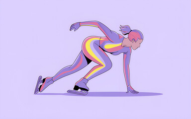 Fototapeta premium Speed skater in a vibrant purple and yellow suit, racing on the ice, symbolizing speed and energy, sports illustration.
