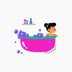 Woman relaxing in bubble bath with skincare products on the shelf, flat vector illustration representing self care, beauty, and relaxation, isolated on white background.