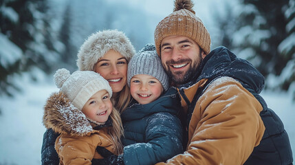 Obraz premium Family enjoys winter fun together in snowy forest during a bright, sunny day