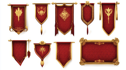 Medieval red flags, hanging royal banners with gold border. Blank cloth pennants, vintage vertical fabric flags isolated on transparent background, vector realistic set