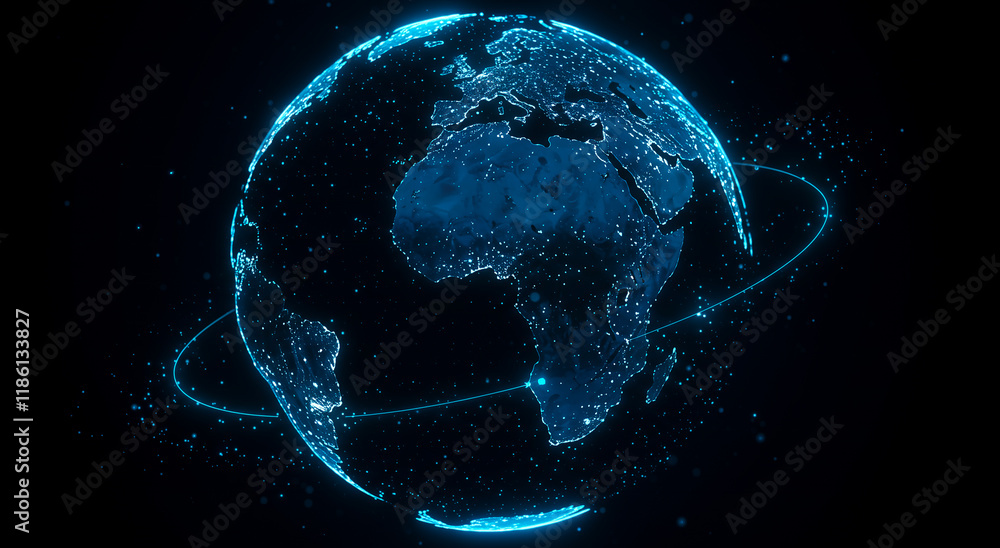 Poster digital planet earth globe, with orbit lines and glow, for global communication or tech business. bl
