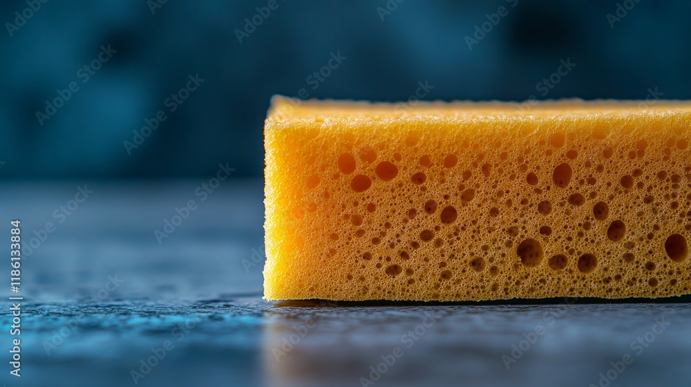 Poster close up details, macro view of cleaning sponge texture and patterns, with a blurry sink behind