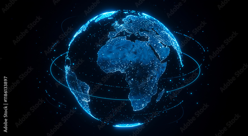 Poster digital planet earth globe, with orbit lines and glow, for global communication or tech business. bl