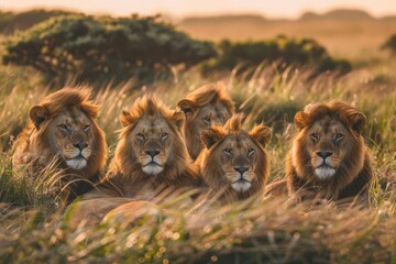 A group of five lions resting in tall grass during golden hour, showcasing their majestic features.
