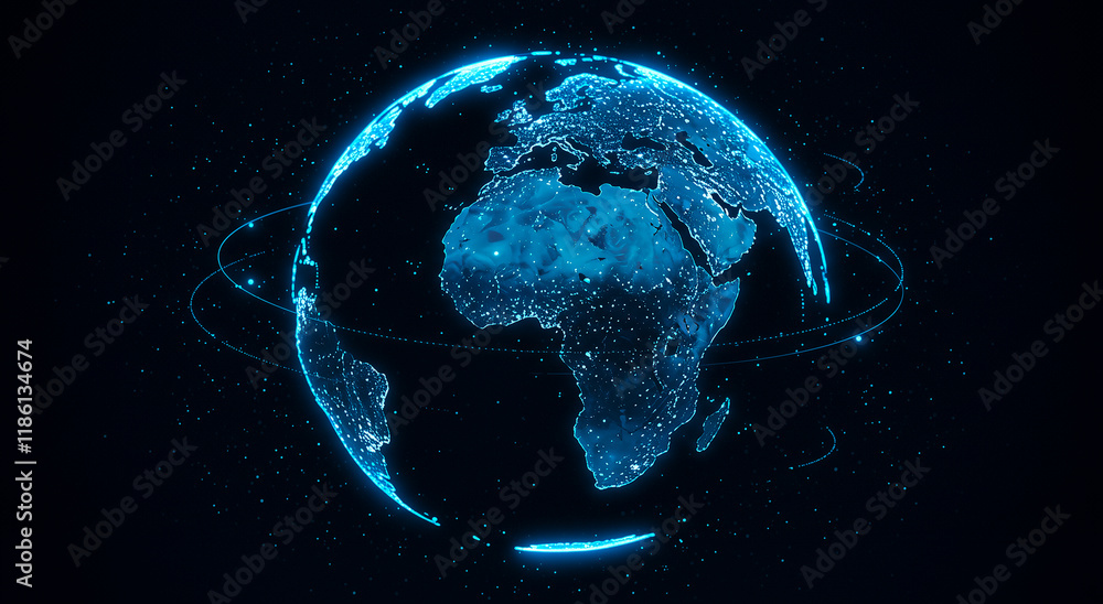 Poster digital planet earth globe, with orbit lines and glow, for global communication or tech business. bl