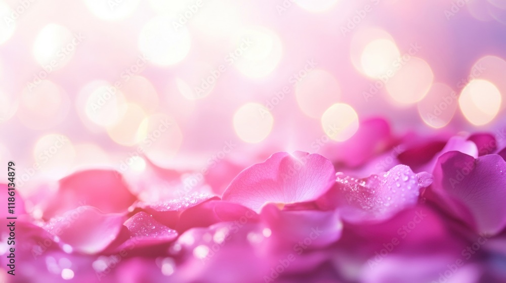 Poster violet and pink rose petals are delicately placed on a soft background, illuminated by a gentle boke