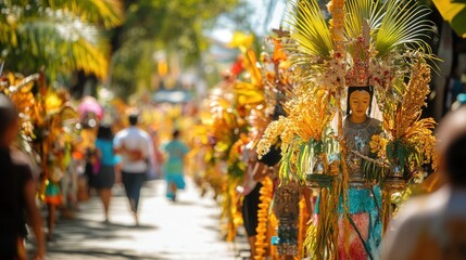 Philippine Easter Rituals: A procession with palm fronds and religious statues, with participants in traditional Filipino attire