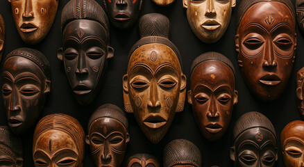 African masks, collection and tribal culture, heritage and art, traditional crafts and ethnic design for decoration and celebration