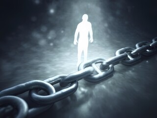 Bright silhouette of a human breaking free from chains, symbolizing freedom and anti-human trafficking, conceptual illustration.