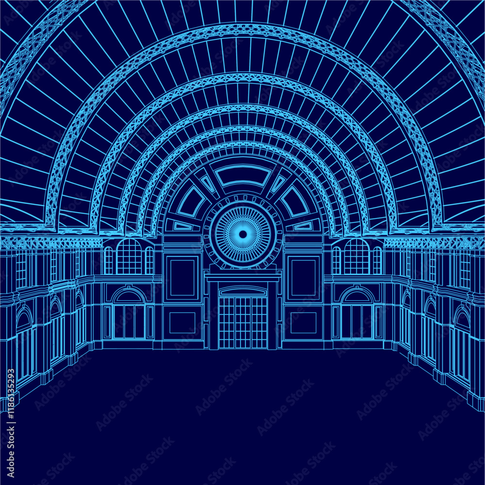 Poster blue drawing of a large building with a large dome. the building is empty and the dome is lit up
