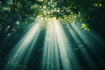 A beam of sunlight piercing through dense forest canopy, breaking free into a clearing, representing hope and clarity