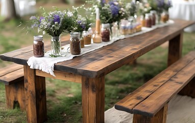 Rustic wooden farm table with benches, decorated with flowers and jars.