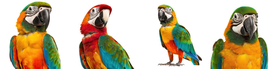 Fototapeta premium Close up Portraits of Vibrant and Colorful Parrots Perching on Branches Showcasing the Stunning Plumage and Distinct Features of These Exotic Tropical Birds in Their Natural Habitat