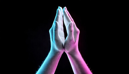 white glowing neon open praying hands, dark background