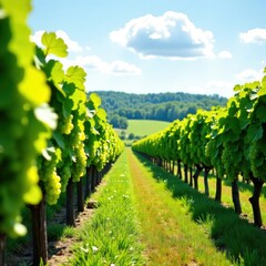 Rows of green grapes hanging from vines in a sunny vineyard landscape, countryside, vineyard