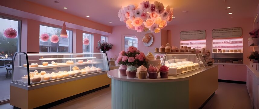 A casual cupcake shop highlighting playful pastel designs and fresh floral accents within a warm setting