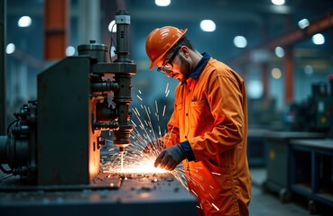 Dedicated mechanic works on welding machine. Sparks fly intensely around industrial metal product production. Professional worker in safety protective wear. Intense focused work in factory setting.