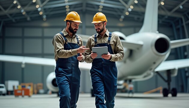 Two flight engineers walk through large hangar. Wearing safety helmets, coveralls. Discuss, review plans using tablet. Large airplane in background. Photo shows teamwork, collaboration in aeronautic