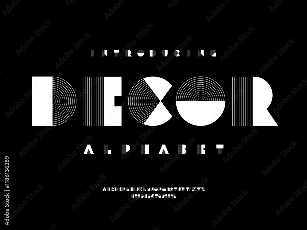 Poster vector of modern abstract alphabet design uppercase, numbers and symbols