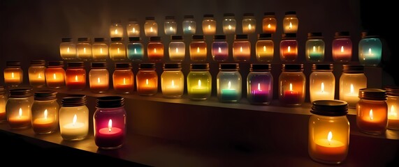 A charming candlelit space filled with rows of colorful jars evoking ambiance and warmth