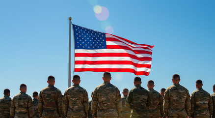American flag, soldiers and army in outdoors, military training, patriotism and memorial day. Men, group and uniform at honor ceremony, veteran celebration or respect in base