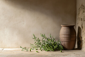 Fototapeta premium handcrafted oil vessel, fresh olive scatter, oak aging room, rustic setting
