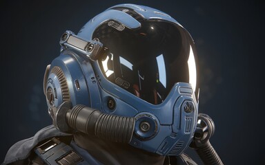 close-up of a futuristic pilot's helmet. The helmet is blue and has a visor that is reflecting light background is dark