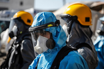 Rescue workers in protective gear during emergency response