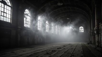 Obraz premium Eerie abandoned factory interior with swirling fog and soft light creating a haunting atmosphere