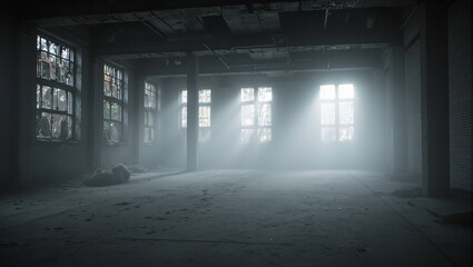 Fototapeta premium Eerie abandoned factory interior with swirling fog and soft light creating a haunting atmosphere