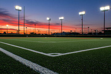 groomed baseball infield, stadium architecture, floodlight array