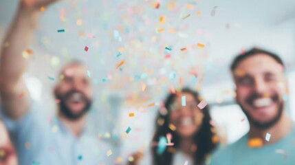 Group of colleagues joyfully celebrating a recent achievement with colorful confetti in a bright and spacious office setting