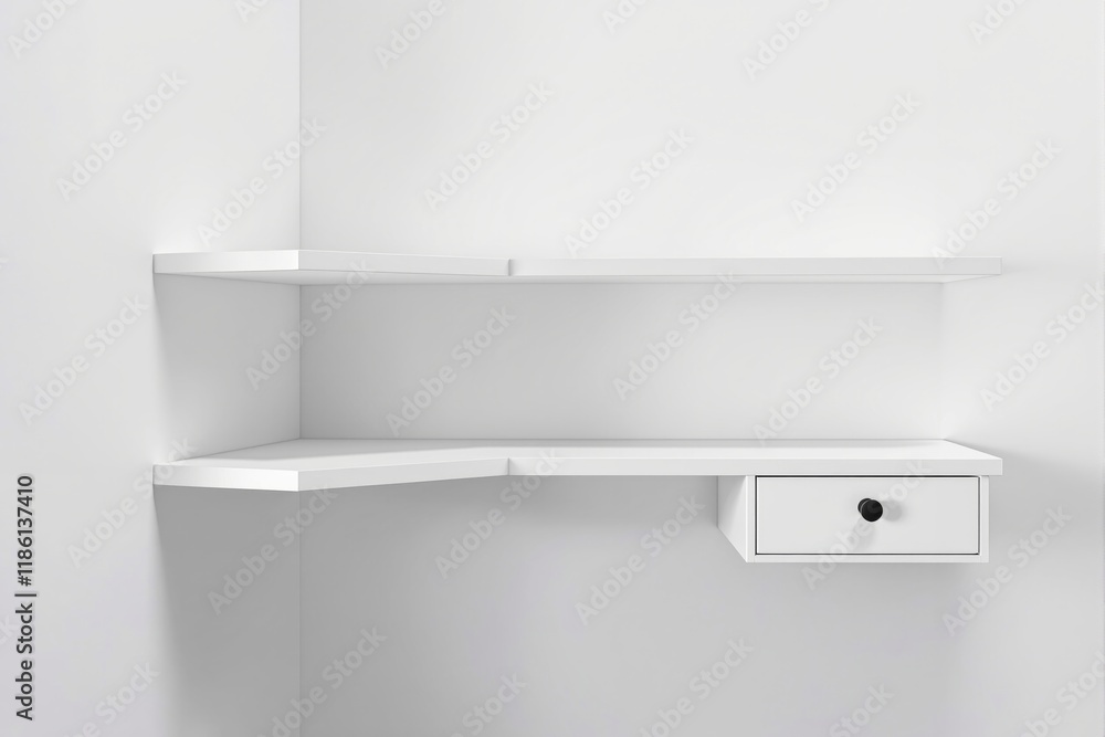 Poster white corner shelves with clean lines and built-in drawer on plain white background, emphasizing sim