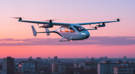 Flying taxi, white air vehicle and city at sunset with electric aircraft for drone transportation, urban travel and innovation. Technology, futuristic and transport with cityscape, aerial view