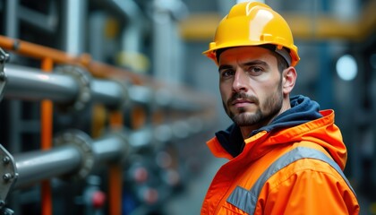 Oil refinery worker stands near equipment. Safety helmet and safety uniform. Industrial setting. Focus on worker in oil production industry. Oil industry worker in workplace. Pro man in manufacturing.
