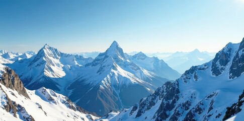 Snow capped mountains stretch across the horizon, rugged, serenity, peaks