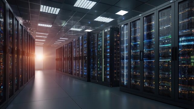 Big data center storage with full of rack servers and light flare effect .Cloud server room 3D rendering .
