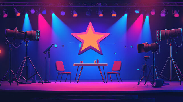 Talent reality show with equipment on stage for tv broadcast and record. Cartoon vector competition scene with jury chairs and table, vote signs, big star and microphone, video cameras and spotlights.