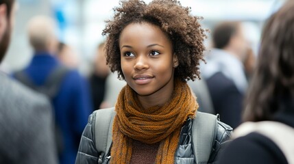 Fototapeta premium A Young Woman's Serene Gaze Amidst a Busy City