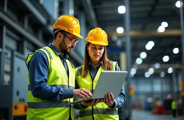 Two professional engineers in factory setting. Wear safety vests, helmets. Looking at laptop, discussing. Woman, man. Work together to control industrial machines. Indoor. Tech equipment in