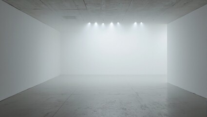 Surreal minimalist gallery with concrete floors soft light beams and drifting smoke evoking an atmospheric ambiance